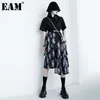 [EAM] Frauen Schwarz Gespleißt Druck Rüschen Asymmetrische Kleid Revers Kurzarm Lose Fit Mode Frühling Sommer 1DD7959 21512
