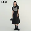 [EAM] Women Contrast Color Jcaquard Midi Dress Round Neck Short Sleeve Loose Fit Fashion Spring Summer 1DD5830 210512