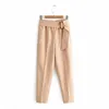 Women fashion buckle decoration elastic waist linen pants office wear chic trousers female streetwear pantalones P331 210420