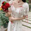 Robe de femme de broderie florale coréenne douce Bowknot col carré manches bouffantes robes robes à simple boutonnage 6H613 210603