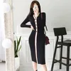 Autumn And Winter Single-breasted Decoration Women Long sleeve Elegant Knit Dress Sexy V-neck Ladies Vintage Dress 210514