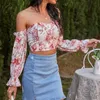 Sexy Ladies Off-shoulder Tube Top Floral Print Shirts Casual Spring Summer Puff Sleeves Pullover Elegant Office Slim Blouses 210514
