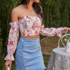 Сексуальные дамы без плеча Top Top Floral Print Рубашки повседневные весенние летние половые рукава пуловер элегантный офис тонкий блузки 210514