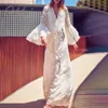 Summer Women Party Embroidery Long Sleeve Loose White Lace Maxi Tunic Beach Dress 210415