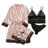 Lace Satin Women Pajamas Sleep Robe 4pcs Set Fashion Style Home Clothing Suit Ladies Sexy Bra Shorts Underwear