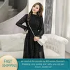 Kobiety Dress Black Casual Wiosna Lady Długie Szyfon Koreański Moda Elegancki Rękaw Polka Dot Plised 210428