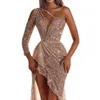 Casual Dresses Sexy One Shoulder Sequin Dress Evening Party Women Elegant Solid High Split Backless Wedding Prom Long Maxi 2022