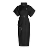 Dress For Women Stand Collar Short Sleeve Pocket High Waist Sashes Female Dresses Autumn Fashion Clothing 210520