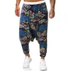 Men's Pants Hip Hop Cross-Pants Hippie Baggy Trousers Printed Loose Ankle Unisex Adults Elastic Waist Cotton Linen Low Crotch