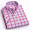 Engeland Stijl Zacht 100% Katoen Korte Mouw Shirts Single Patch Pocket Zomer Casual Standaard-Fit Button-Down Plaid Streep Shirt 210708