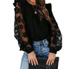 CHRONSTYLEShirt Fashion Women Black Mesh Sheer Transparent Patchwork Long Sleeve Blouse Stylish Chic OL Basic Tops Floral Shirt X0521