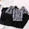 Sommar Chiffon 2 Pieces Set Women Off Shoulder Plaid Crop Tops Blus + Wide Ben Byxor Casual New Suit Korean Outfit 210417