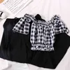 Summer Chiffon 2 Pieces Set Women Off Shoulder Plaid Crop Tops Blouse + Wide Leg Pants Casual New Suit Korean Outfit 210417