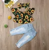 Baby Girl Одежда устанавливает с плеч Подсолнечное печать топы разорванные джинсовые брюки оголовье 3шт наряды летняя одежда