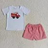 의류 세트 도매 아기 소녀 여름 옷 어린이 코튼 자수 소방차 짧은 소매 셔츠 아이 핑크 격자 무늬 반바지 복장