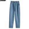 Dimanaf Женская одежда Джинсы Длинные брюки Высокая талия Свободные хлопчатобумажные джинсовые женские моды леди эластичные основные синие брюки 2111129