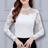 Blusas Mujer De Moda Womens Blouses White Shirt Lace Hollow Out Stand Long Sleeve Shirts Pullover Plus Size Tops 2305 50 210401