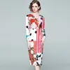 Spring Summer Runway Flower Printed Beach Vintage Casual Midi Women Long Sleeve Dot Striped Patchwork One Piece Dress 210416