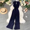 Women Notched Sleeveless Hollow High Waist Wide Leg Jumpsuits Lady Solid Color Overalls K508 210527