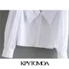 KpyTomoa kobiety słodka moda z ozdobionym wykończeniem Luźne bluzki Vintage z długim rękawem Button-Up Koszulki Chic Topy 210715