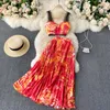 Fashion Summer Beach print camisole lace top with large swing dress 2 piece set sleeveless two-piece elegant pleated women 210420