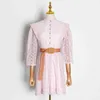 Elegant Plaid Women Dress O Neck Lantern Long Sleeve High Waist With Sashes Mini Ruched Dresses For Female Clothing 210520