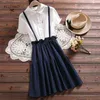 Japanische Stil Sommerkleid Mori Mädchen Nette Frauen Gefälschte Zwei Stücke Stickerei Baumwolle Leinen Kleider Kurzarm femininos Vestidos 210520