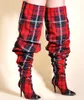 Stiefel Herbst Winter Frauen Plaid Tuch Über das Knie Lange Sexy High Heels Weibliche Oberschenkel Schuhe Botas Mujer