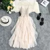 Women Tulle Dress Summer Mesh High Waist Hem Asymmetrical Pleated Fairy Female Slim es 210430