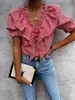 Casual O Neck Short Puff Sleeve Ruches Shirt Chiffon Plaid Blouse losse elegante vakantie Dame Blauw Rood Top Femme Zomer Bluzki 210520