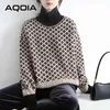 Zima Koreański Styl Plaid Kobiet Swetry Turtleneck Knitting Gruby Ciepły Patchwork Sweter Kobiety Vintage Kobiet Pulowers 210521