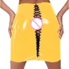 Plus Size Drawstring Lace Up Back Skirt High Waist PVC Mini Skirt Ladies Wetlook Dancing Bottoms Sexy Nightclub Uniform