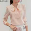Harajuku Sommer Herbst Bogen Bluse Frauen Elegante Langarm Chiffon Weiß Rosa Koreanische Büro Damen Shirts Top Weibliche Kleidung 210507
