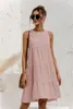 Summer Women Vest Dress Cotton O-Neck ärmlös solid midi-sömmar stor sväng Casual Loose Sundress Vestidos 220215