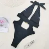 Kadın Mayo 2021 Seksi Hollow Out One Piece Mayo Kadın Yular Push Yukarı Kadın Beyaz Siyah Bodysuit Monokini Bater Bathing Suits