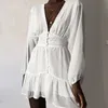 Cover-ups été femmes plage porter blanc coton tunique robe Bikini bain sarong jupe portefeuille maillot de bain couvrir Ashgaily