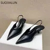 SUOJIALUN Fashion Brand Thin Heel Women Sandals Shoes Ladies Elegant Pointed Toe Slingback Sandals Slip On Mule Party Dress Shoe K78