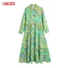 Tangada Women Green Printed Loose Long Dress Vintage Three Quarter Sleeve Button-up Female Dresses Vestidos BE791 210609