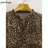 Vintage leopardo mini vestido mujeres encaje hasta v cuello manga larga casual gasa verano femenino más tamaño vestido corto 210514