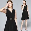 Elegante V-ausschnitt Mesh Patchwork Puff Sleeve Frauen Büro Damen Schärpe Gürtel einteiliges Sommer Arbeit Tragen Weibliche Mini Kleid 210416