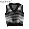 Women Knitted Sweaters Casual Khaki V Neck Houndstooth Pullovers Female Autumn Winter Sleeveless Tops Jumpers 210604