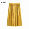 女性ベルベットの基本プリーツMIDI黄色いスカートファルダムアヴィンテージサイドジッパーフライボトルグリーン女性カジュアルミッドカーフスカート210430