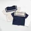 Sommer Koreanischen Stil Kinder Sailor Kragen Baumwolle Leinen Kleidung Sets Jungen Mädchen T ShirtShorts 2Pcs Kind Kleidung Baby junge 2108048788130