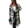 여성용 재킷 여성용 긴 셔츠 버튼 다운 격자 무늬 슬리브 옷깃 칼라 느슨한 맞춤 블라우스 탑 캐주얼 재킷 샴페인 jkuiop1