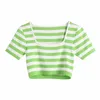 Moda Yeşil Mavi Çizgili Örgü Kırpma Üst Kadın Yaz Rahat Spor Ince Kadın Bluzlar Kısa Kollu Elastik Nervür 210430 Tops