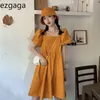 ezgaga 한국어 패션 빈티지 짧은 퍼프 슬리브 미니 드레스 여성 스퀘어 칼라 모자와 단색 세련된 여름 새로운 달콤한 preppy 스타일 210430