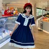 Japanska sommarkvinnor Lolita Princess Dress Peter Pan Collar High midja Elegant Flare Sleeve Kawaii Ruffles 210520