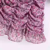 Foridol Puff Sleeve Floral Print Bodycon Party Dress Women Spring Summer Ruched Chiffon Dress Vintage Short Purple Dress 210415