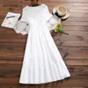 Mori Girl Floral Broderi Midi Dress Kvinnor Sommar Vit Bomull Linen Kortärmad Elegant Party Vestido Longo Femininos 210520