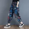 Autumn Arts Style Women Elastic Waist Loose Casual Vintage Jeans Plus Size Plaid Print Cotton Denim Harem Pants M635 210512